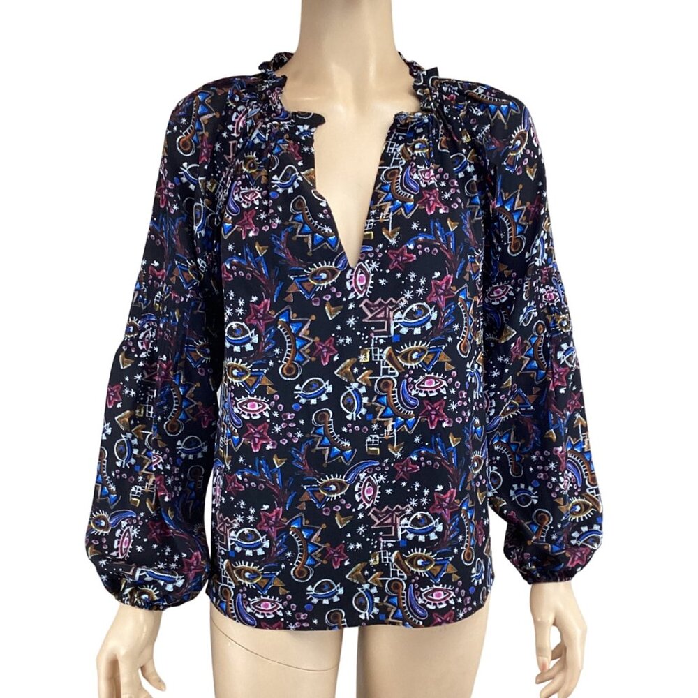 Marie Oliver Black Silk Top Size XS Xsmall Lennon Blouse Mystic Art Abstract Ruf